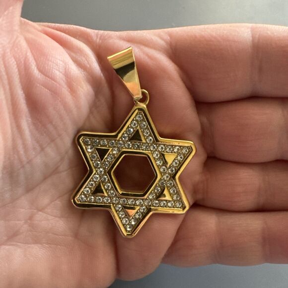 Stainless Steel Jewish Faith Star of David Necklace Bar Mitzvah Gold Zirconia - Picture 4 of 6